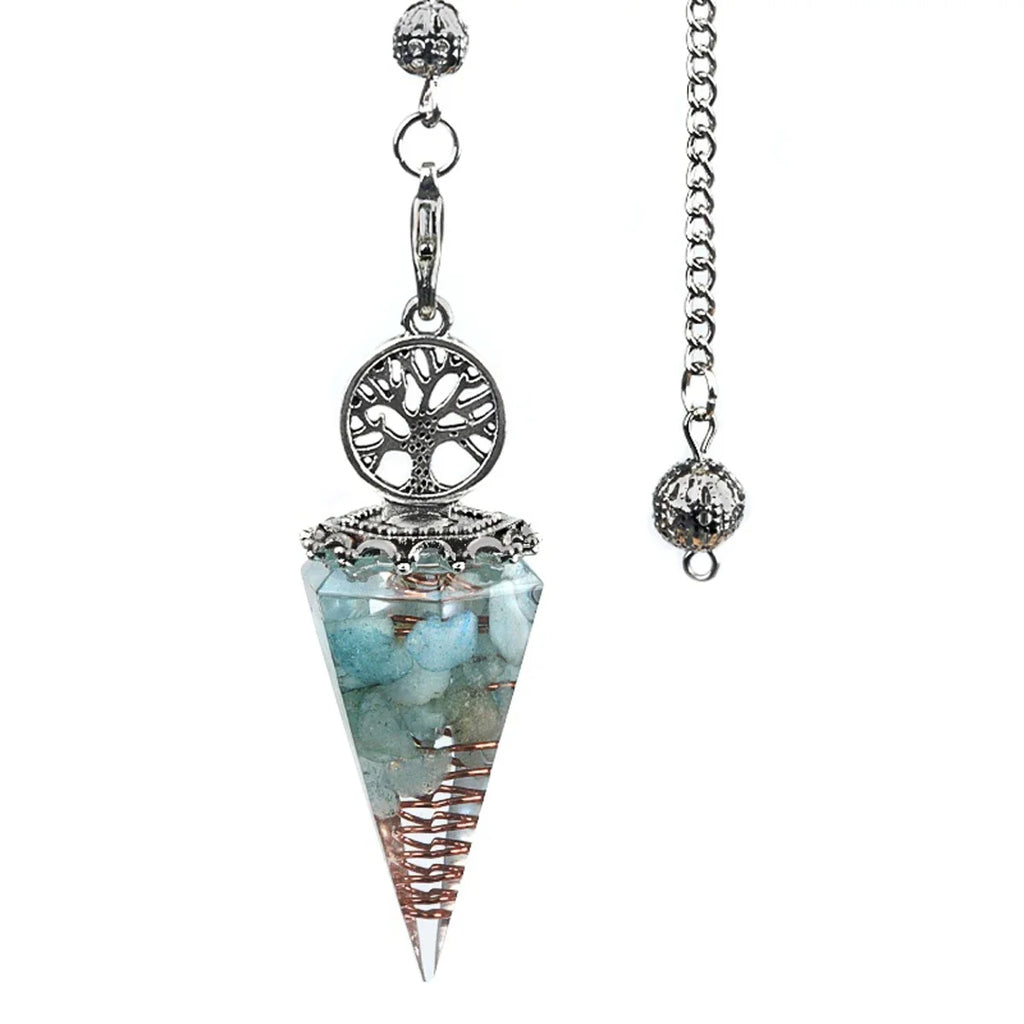 20x52mm Natural Stone Pendulum Tree of Life Hexagonal Cone Crushed Stone Aquamarine