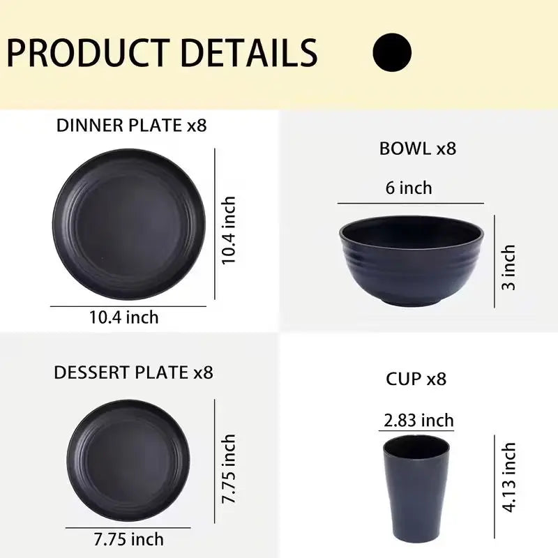 12pc Black Wheat Straw Dinnerware Sets - Dishes, Reusable Plastic Plates, Dishwasher and Microwave Plates and Bowls