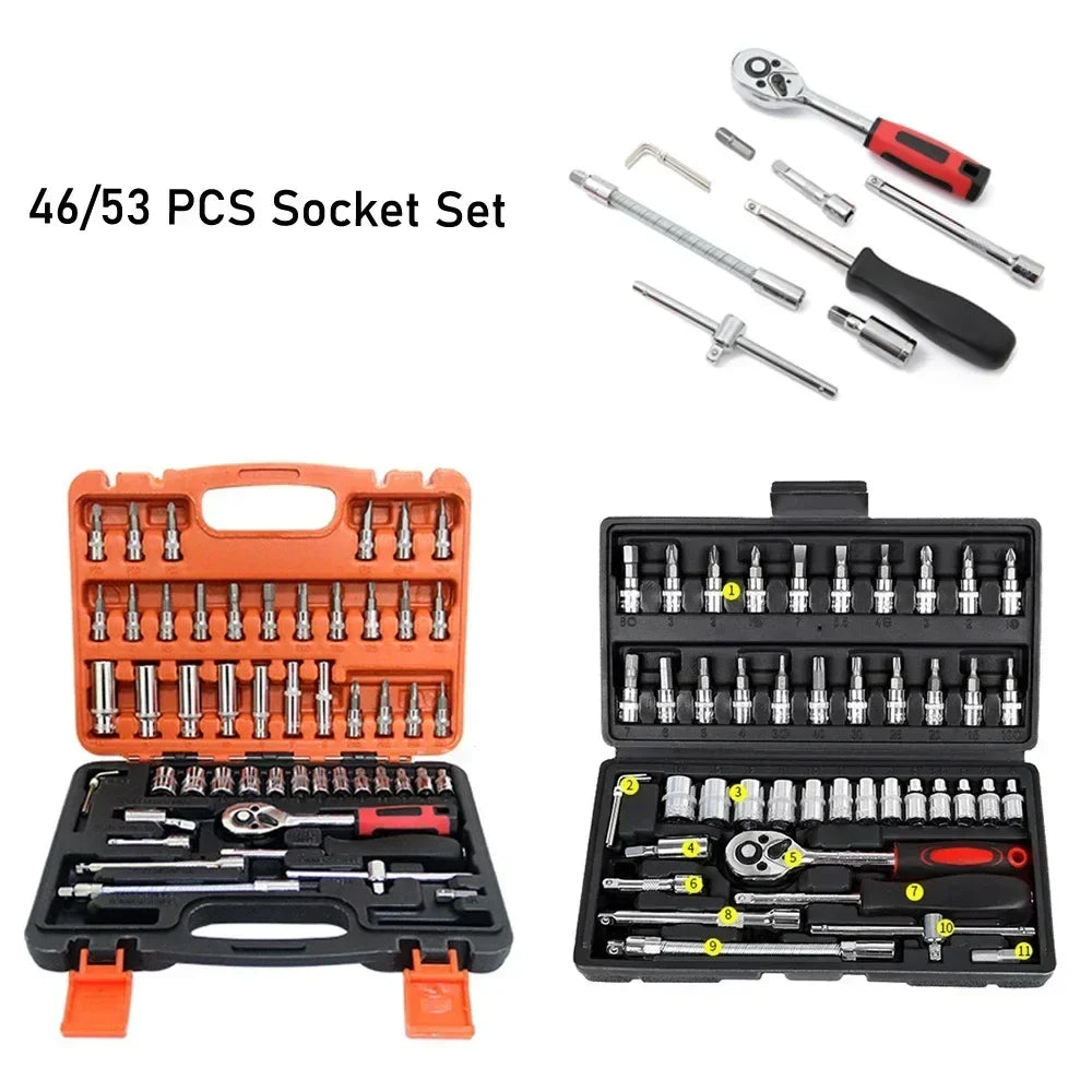 Motorcycle 46pcs 1/4 Inch Drive Socket Ratchet Wrench Set Complete Car Repair Kit for Auto and Bicycle Maintenance Tools amagi