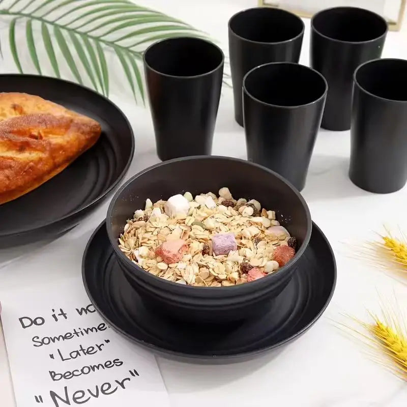 12pc Black Wheat Straw Dinnerware Sets - Dishes, Reusable Plastic Plates, Dishwasher and Microwave Plates and Bowls
