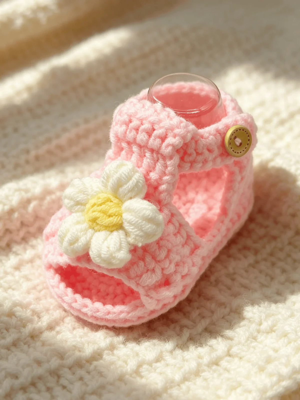 1 Pair Crochet Baby Sandal Booties, Pink, Daisy Flower Accent