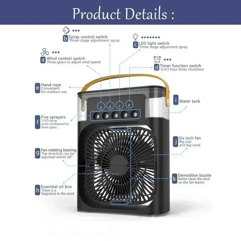 Portable USB Air Cooler Fan | 3-in-1 Fan, Mist Humidifier & 7-Color Light | Home, Office & Camping