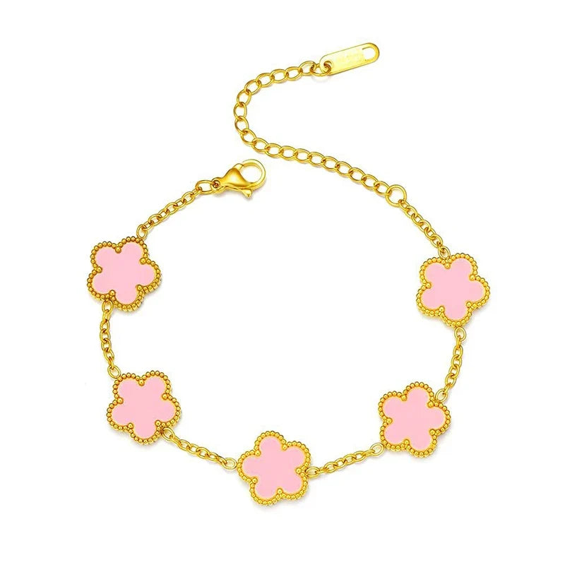 Gold Plated Stainless Steel Necklace Woman Five Leaf Petals Double Sided Necklaces