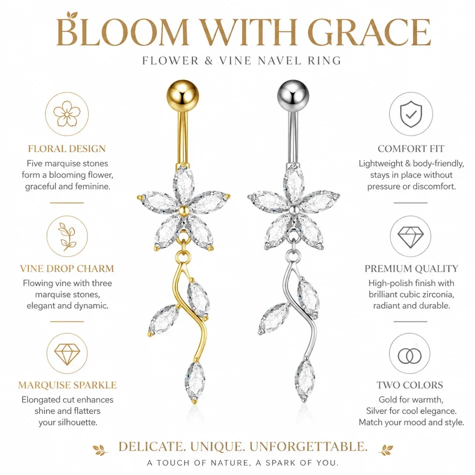 Stainless Steel Dangle Belly Button Ring Crystal Flower