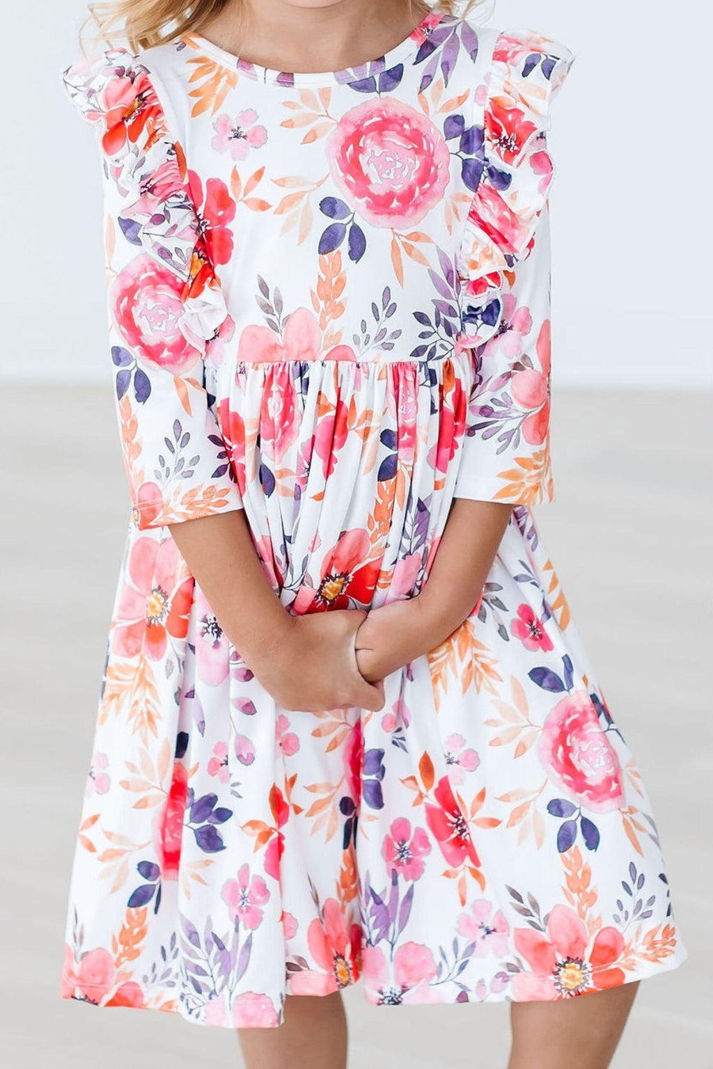 Tangerine Leaves 3/4 Sleeve Ruffle Twirl Dress