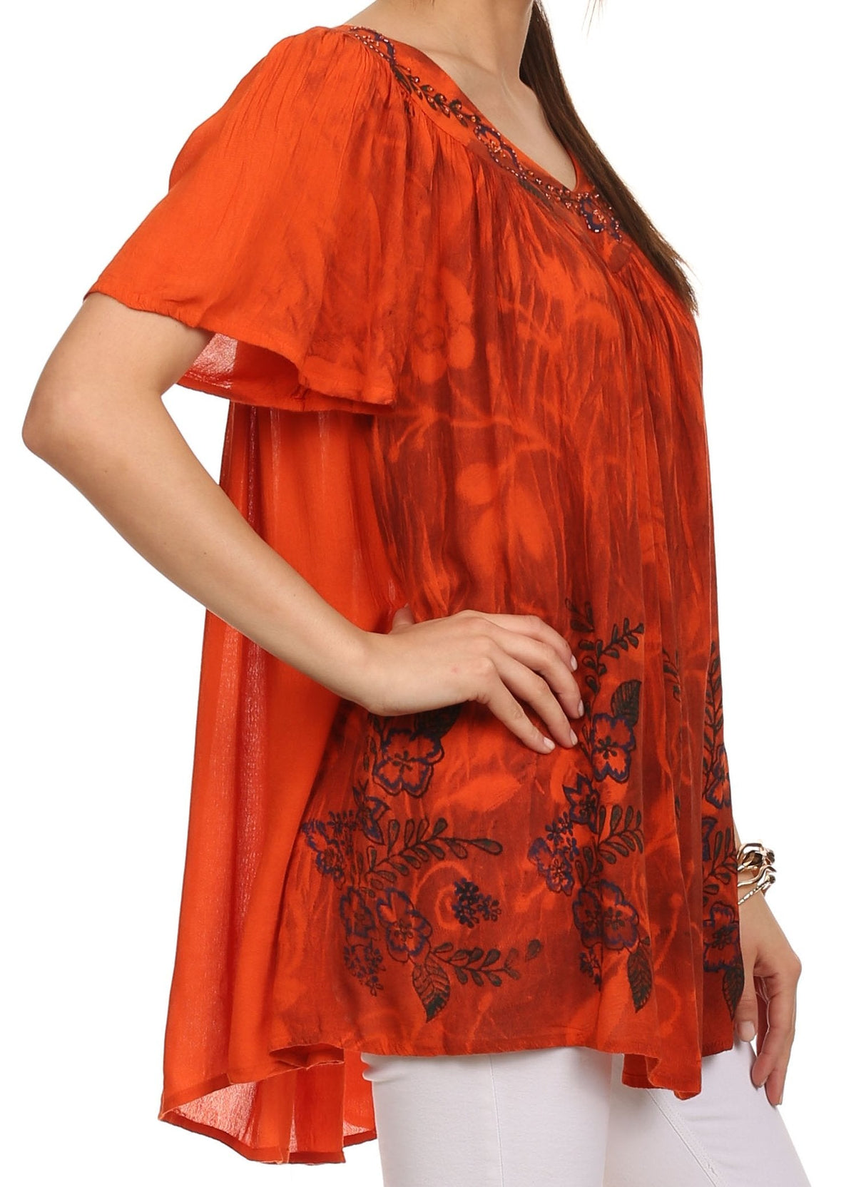 Sakkas Kyla Relaxed Fit Floral Sequin Embroidered V-neck Cap Sleeve Blouse / Top