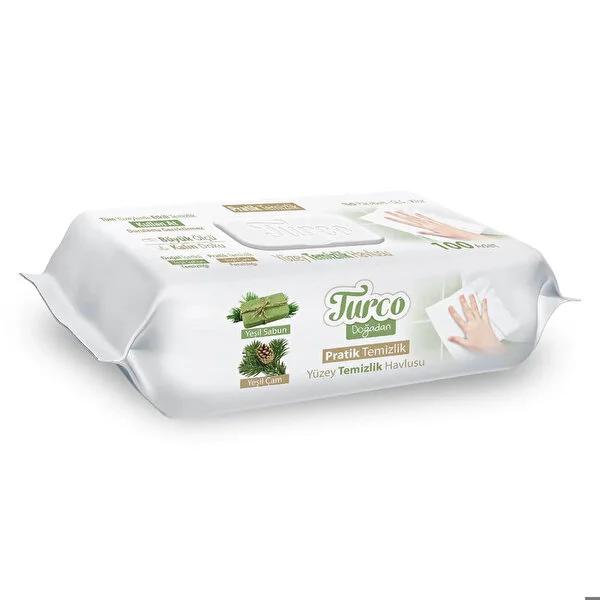 Turco Doğadan Surface Cleaning Wipes 100-Count: Paraben, SLS & Chlorine-Free Disposable Disinfecting Cloths for Baby & Kitchen - Green Soap & Pine Scented