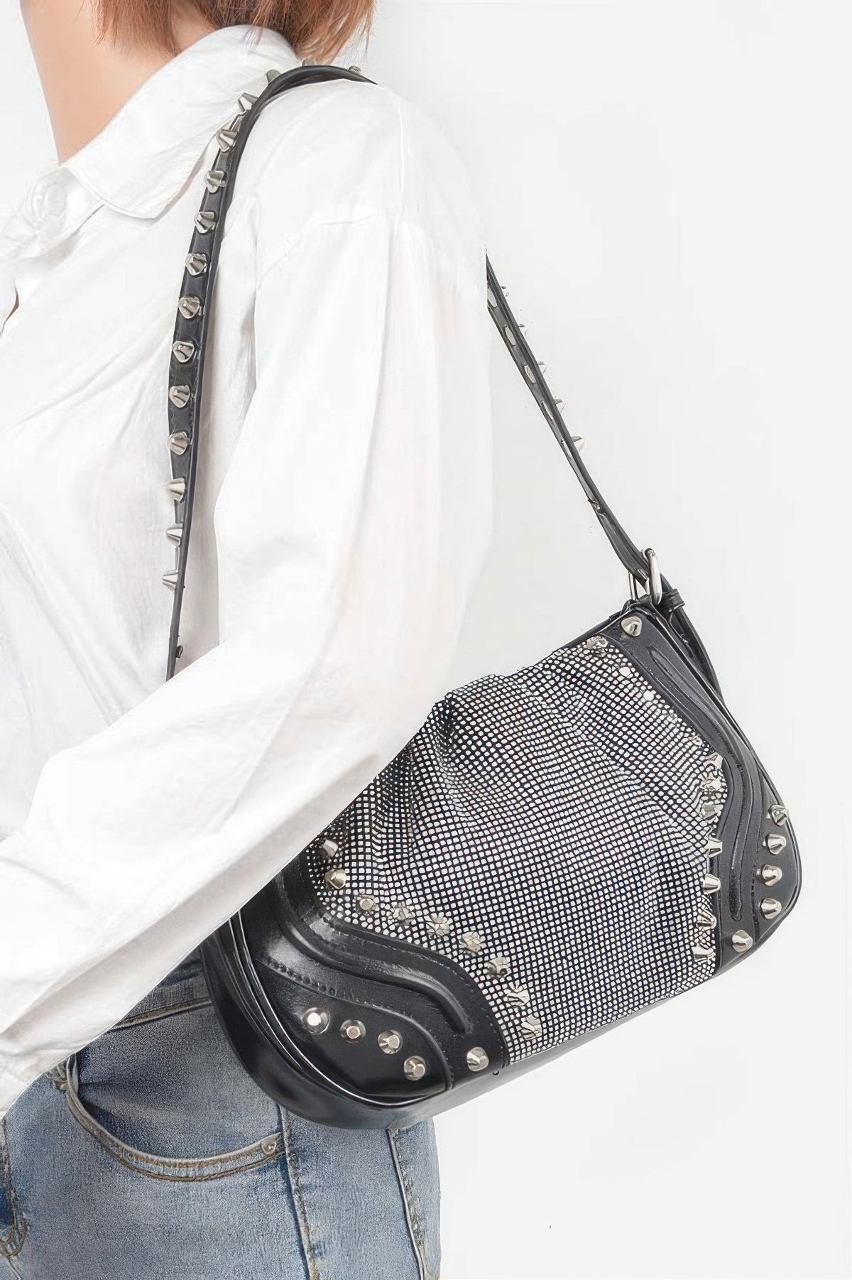 Hot Fix Stones Metal Stud Shoulder Bag