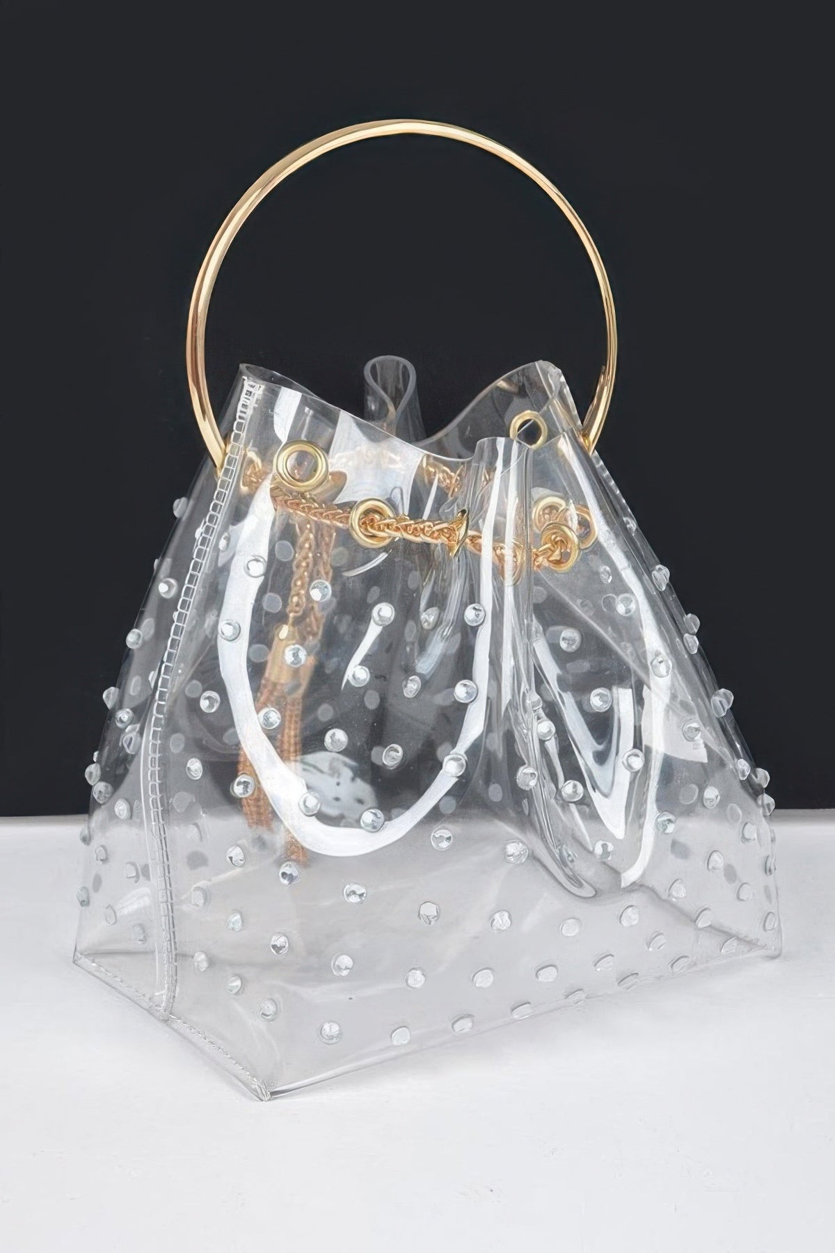 Faux Pearl Studded Bucket Bag W/metal Handle