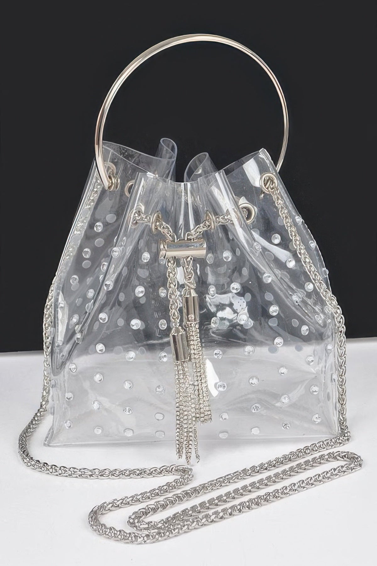 Faux Pearl Studded Bucket Bag W/metal Handle