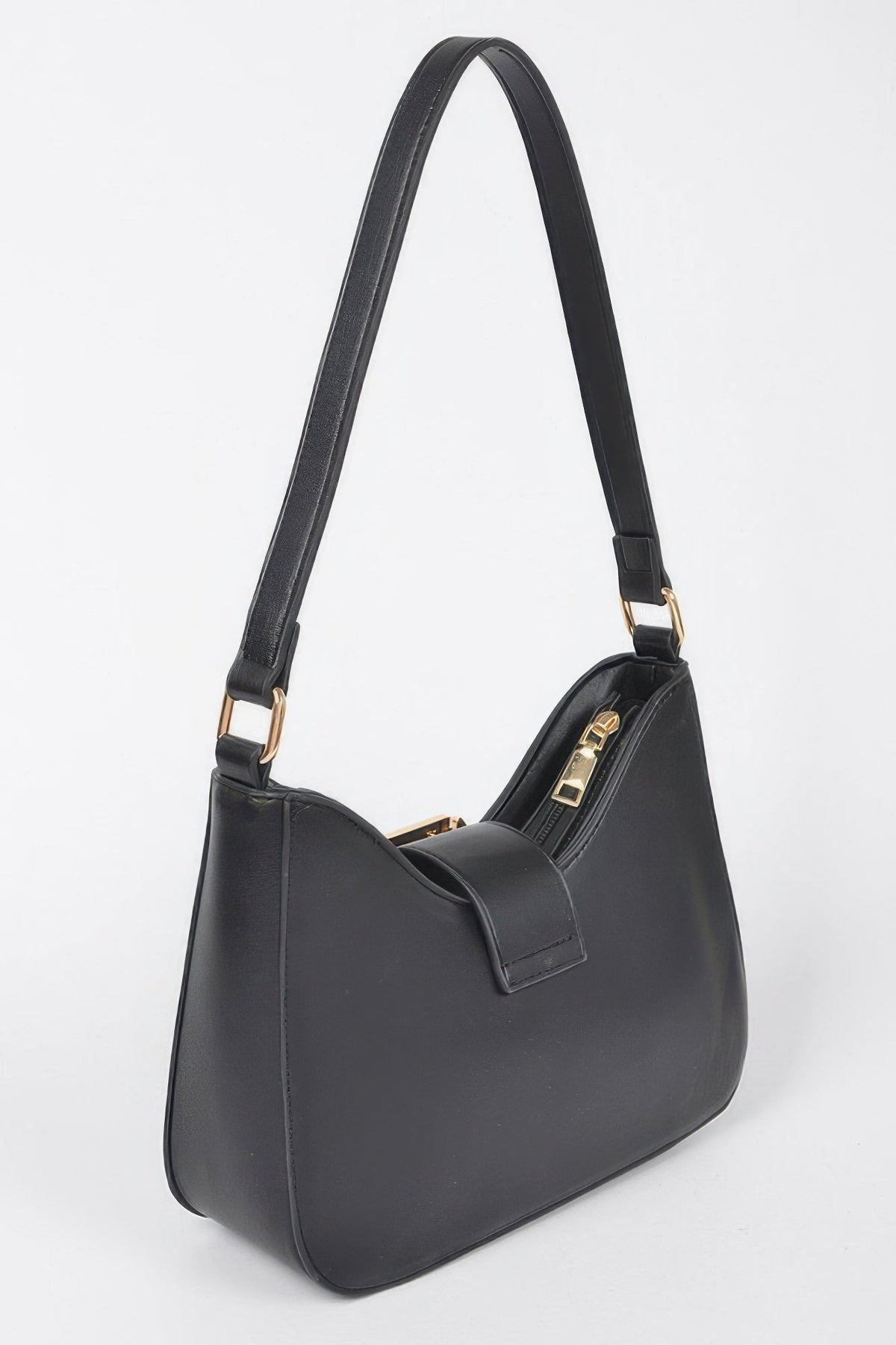 Faux Leather Studded Metal Buckle Shoulder Bag