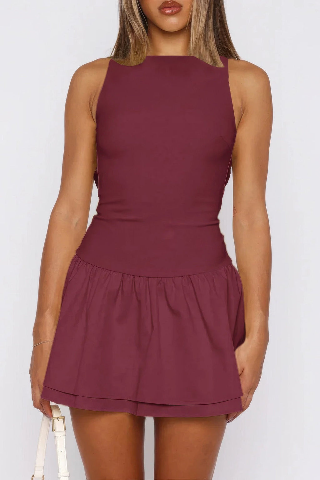 Boat Neck Sleeveless Ruched Ruffle Hem Mini Dress