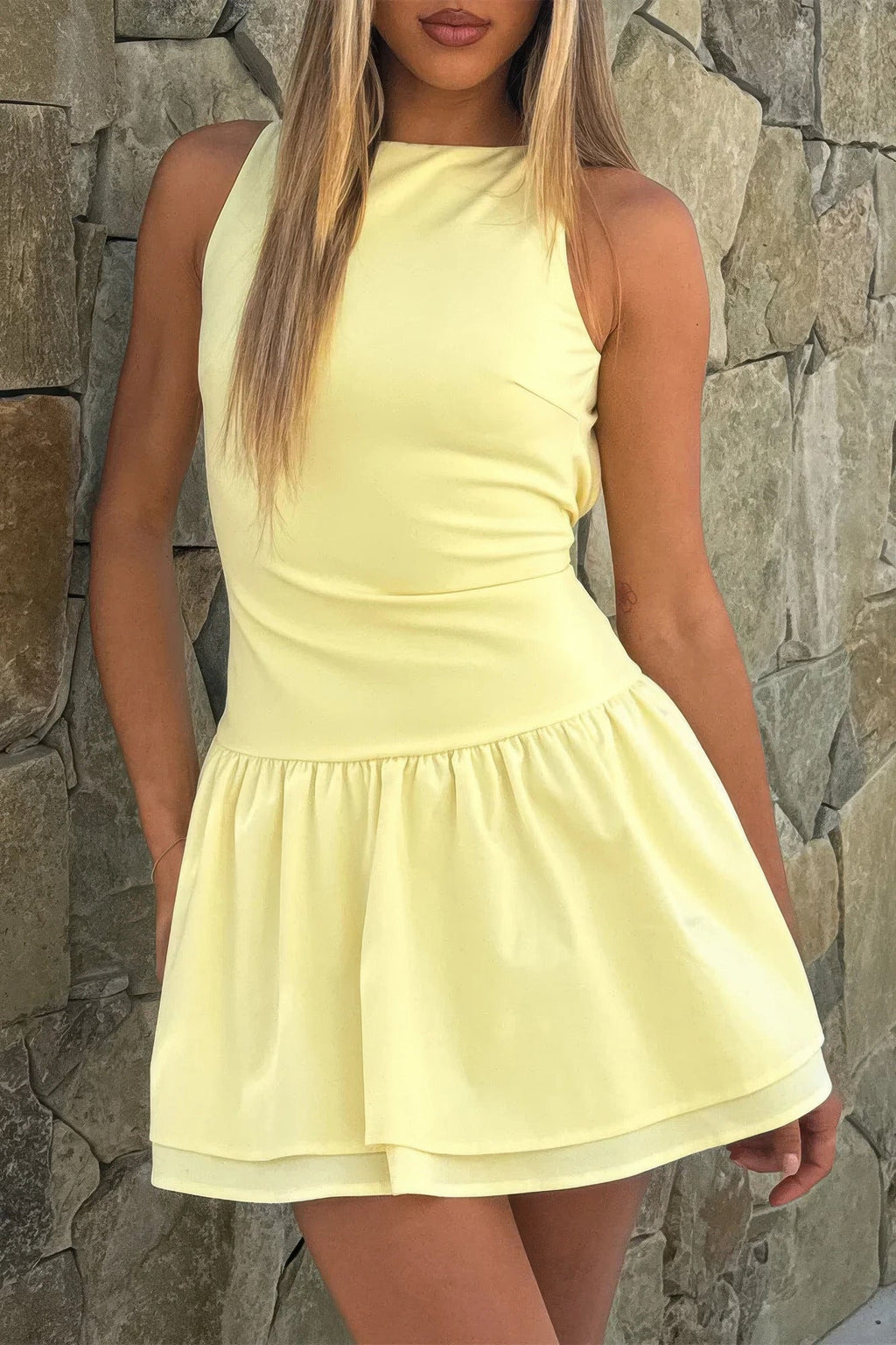 Boat Neck Sleeveless Ruched Ruffle Hem Mini Dress