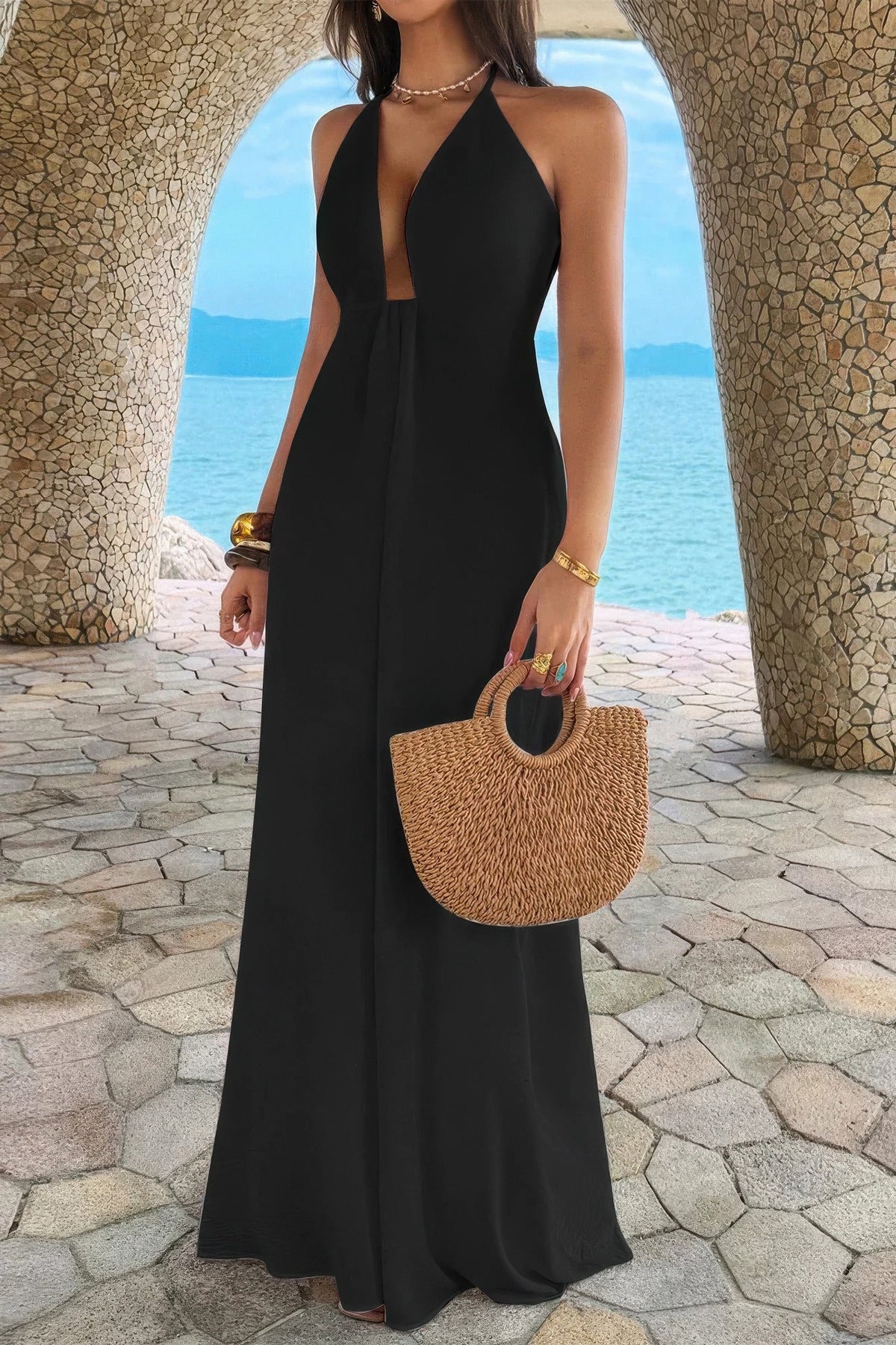 Halter Solid Hide Zipper A Line Maxi Dress