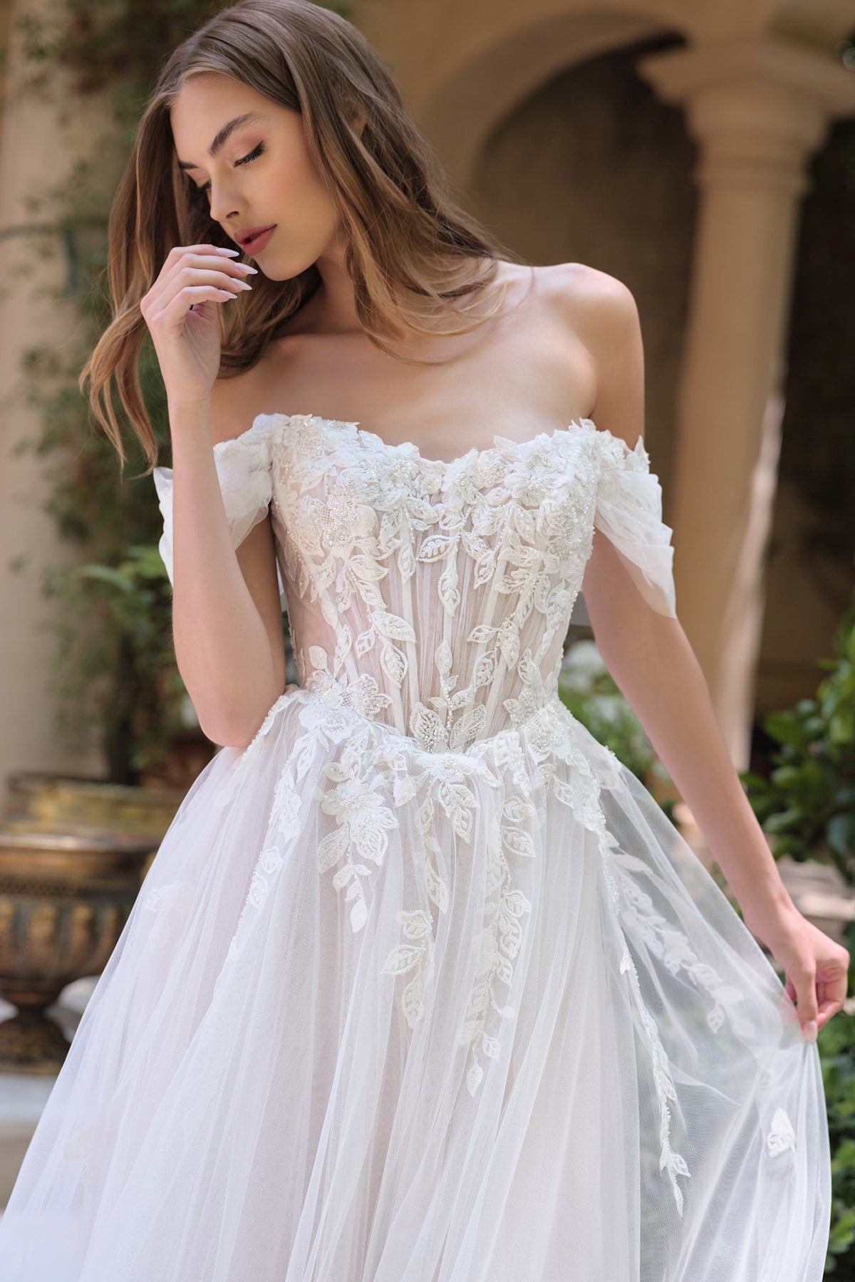 Andrea & Leo WL089 Off Shoulder Floral Lace Applique A-Line Wedding Gown