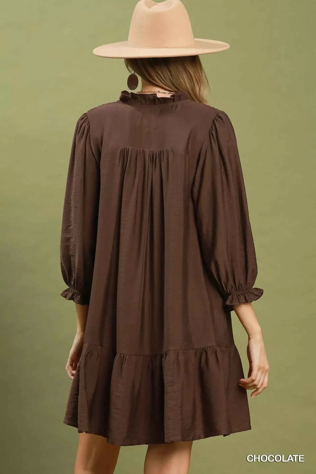 Chocolate Brown Smocked Ruffle Mini Dress with Pockets by Umgee