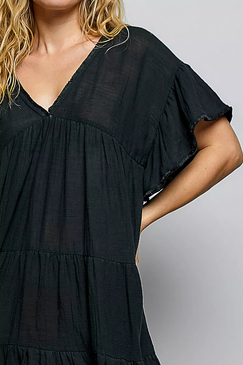 Black Ruffle Shirred V-Neck Cotton Raw Hem Dress by POL