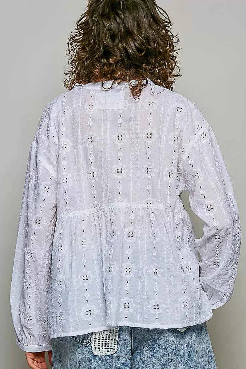Off White Lace Eyelet Long Sleeve Cotton Blouse by POL