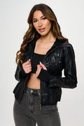 Black Double Zip Hooded Long Sleeve Jacket Modern & Functional Vegan Leather Outerwear