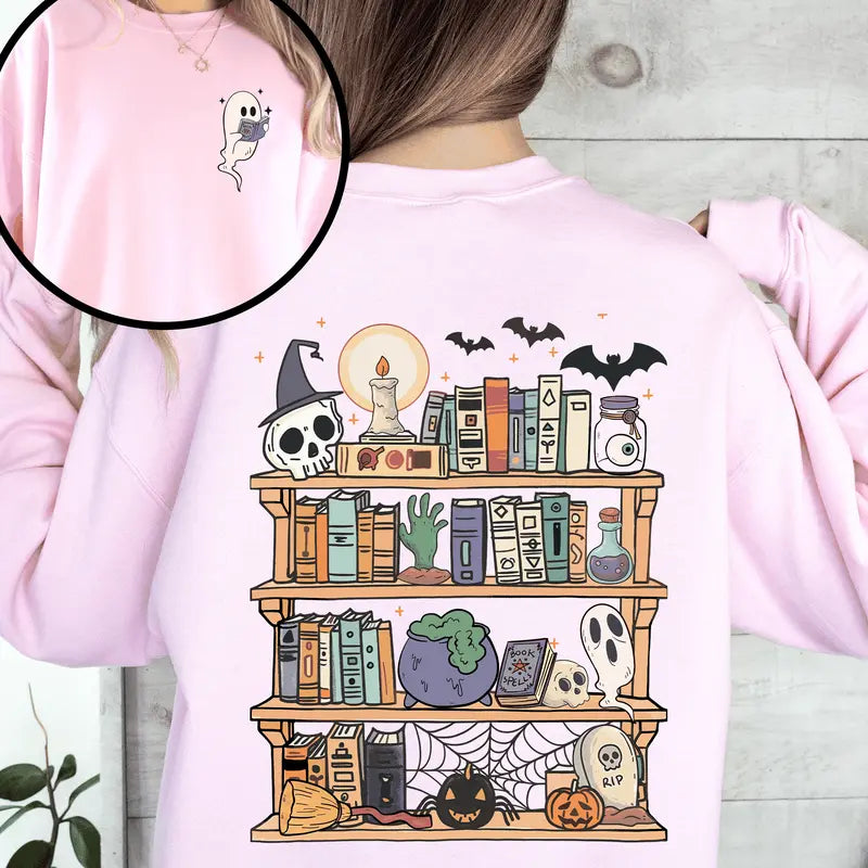 "Reading Ghost" Halloween Sweatshirt - Front & Back Teacher Boo Tee