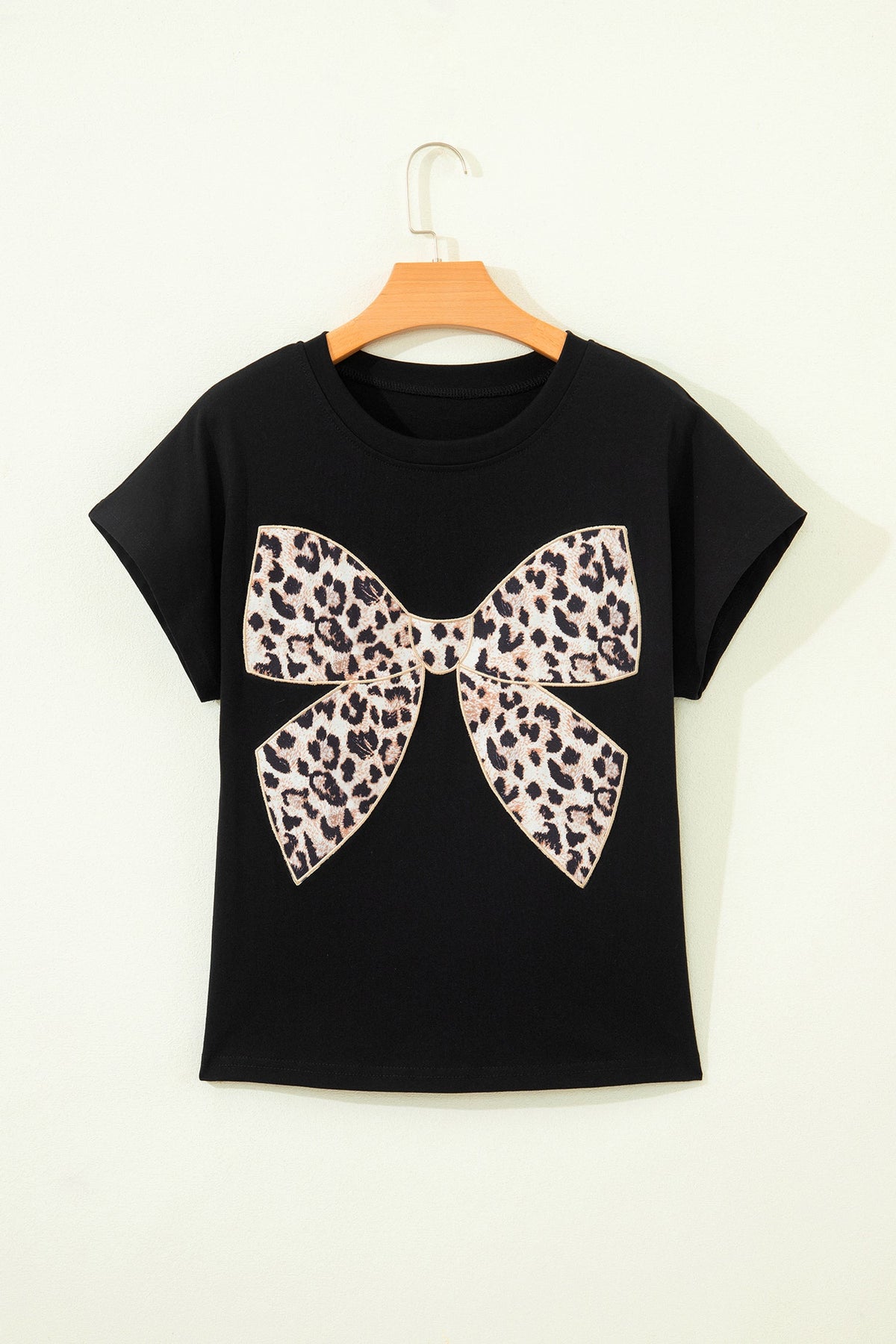 Black Leopard Bow Embroidered Cotton Round Neck T Shirt