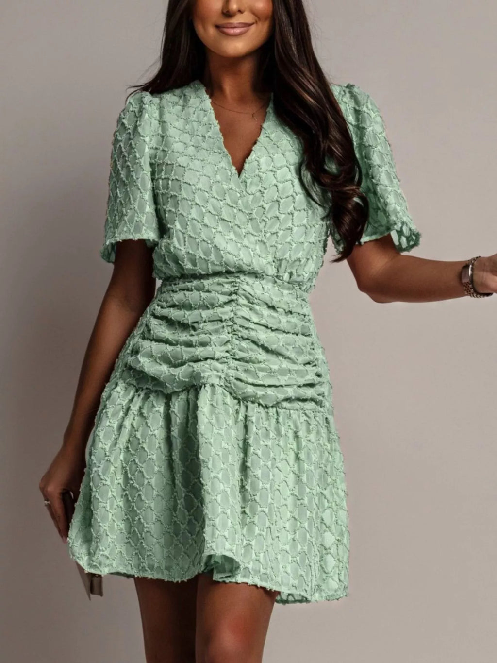 Textured V-Neck Ruched Mini Dress