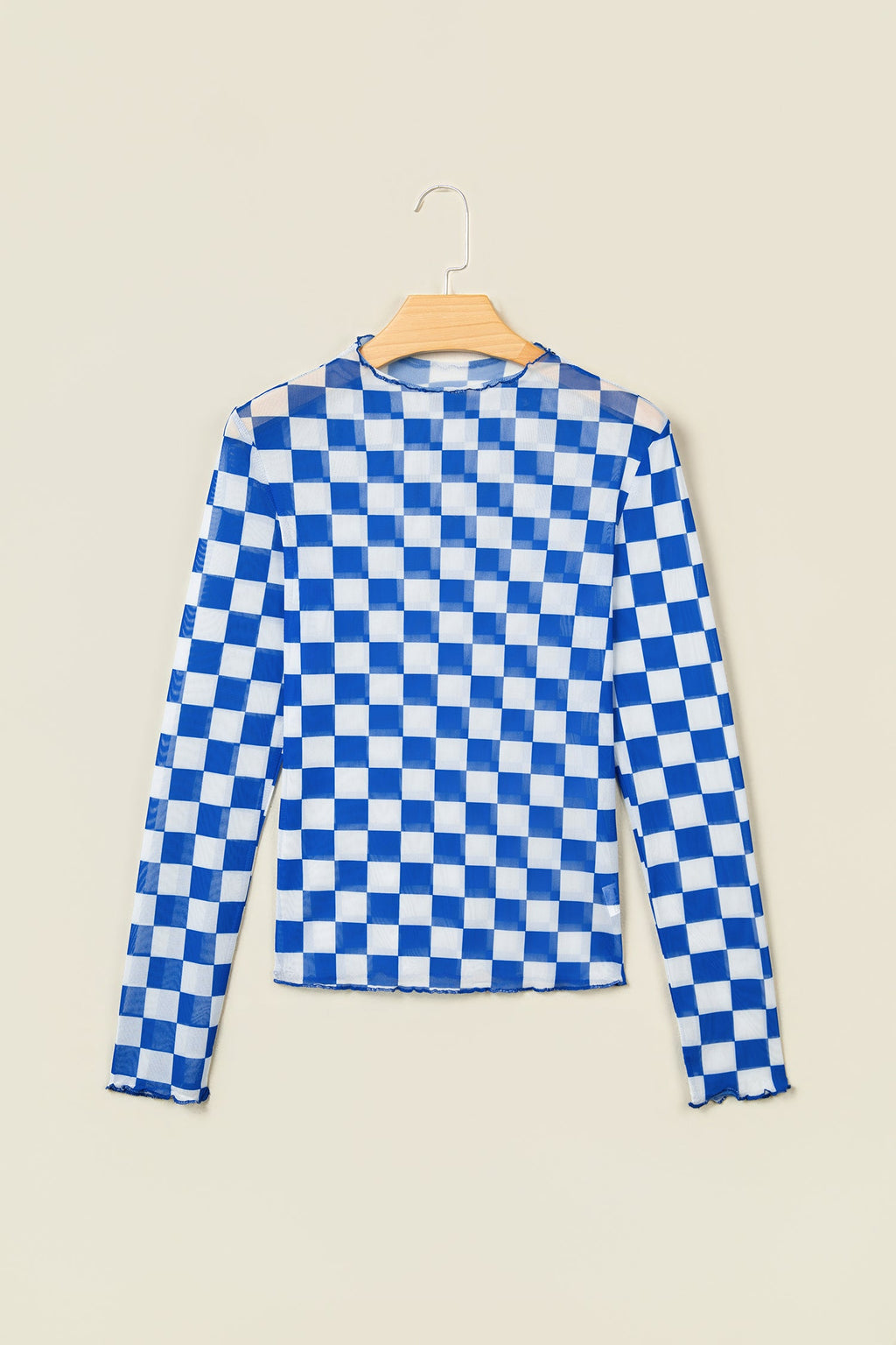 Dark Blue Plaid Mesh Sheer Long Sleeve Top