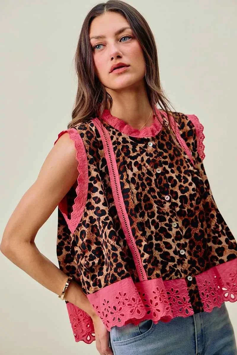 Leopard Button Up Pleated Pink Trim Sleeveless Blouse by So Me