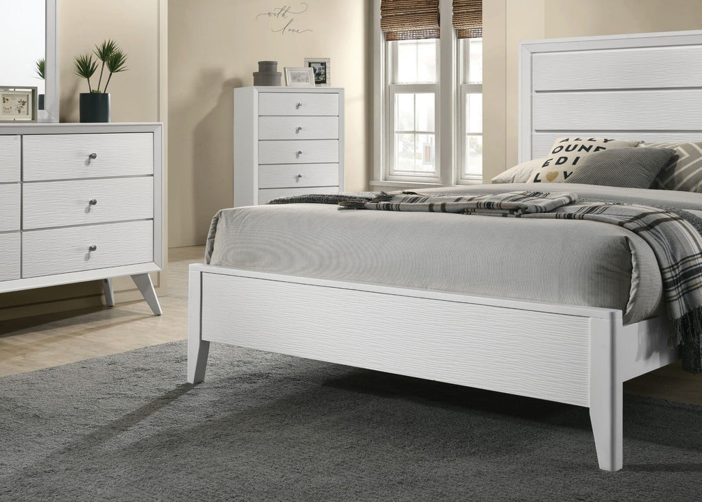 White Cal King Size Bed 2x Nightstands Wave Texture Panel HB