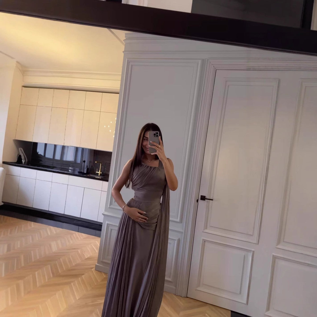 Pleated Ribbon Satin Evening Dress