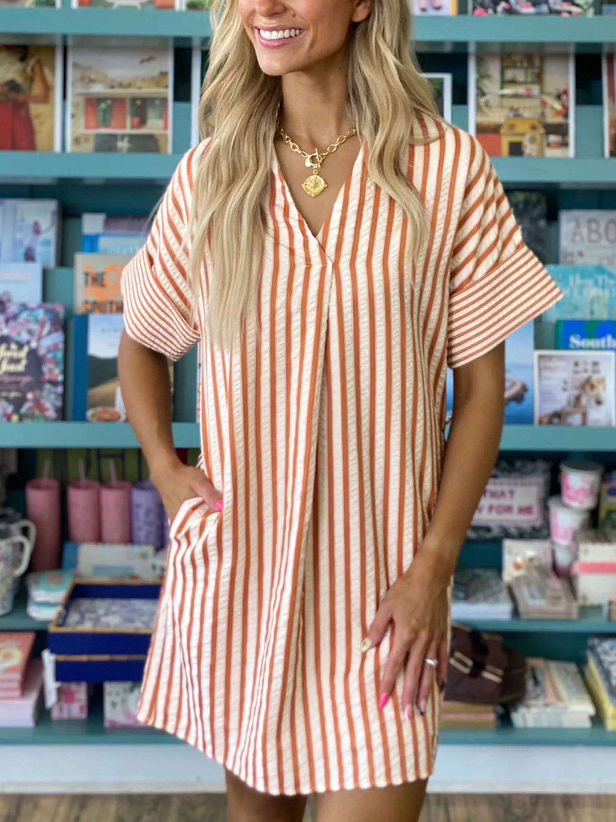 Stripe Pinched V Neck Turn-up Cuffs Shift Mini Dress
