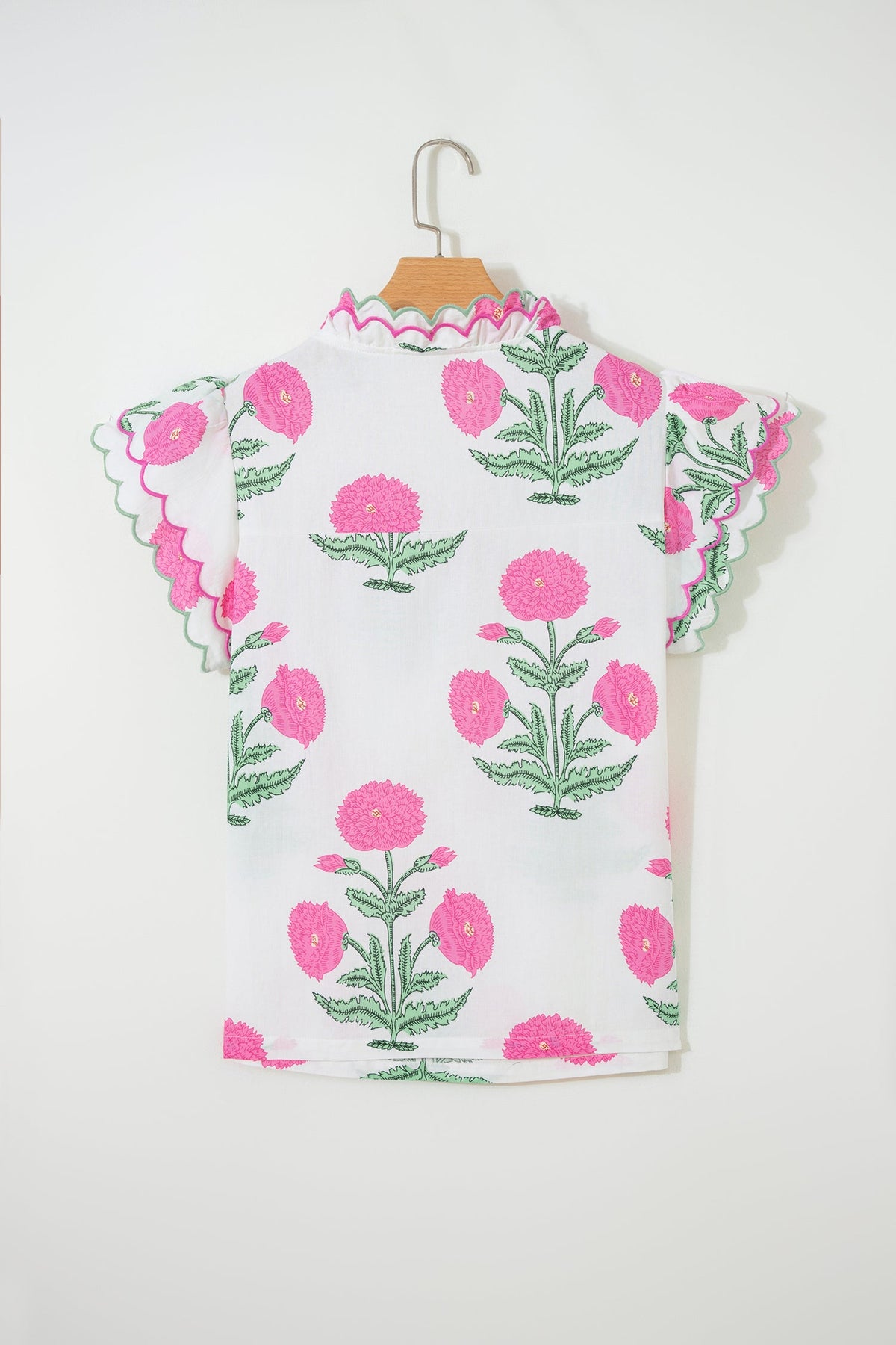 Flower Scallop Contrast Trim Short Sleeve Blouse