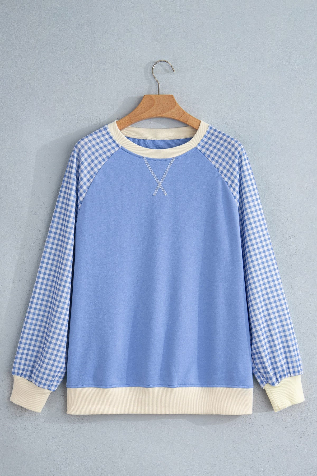 Beige Plaid Sleeve Colorblock Raglan Pullover Sweatshirt