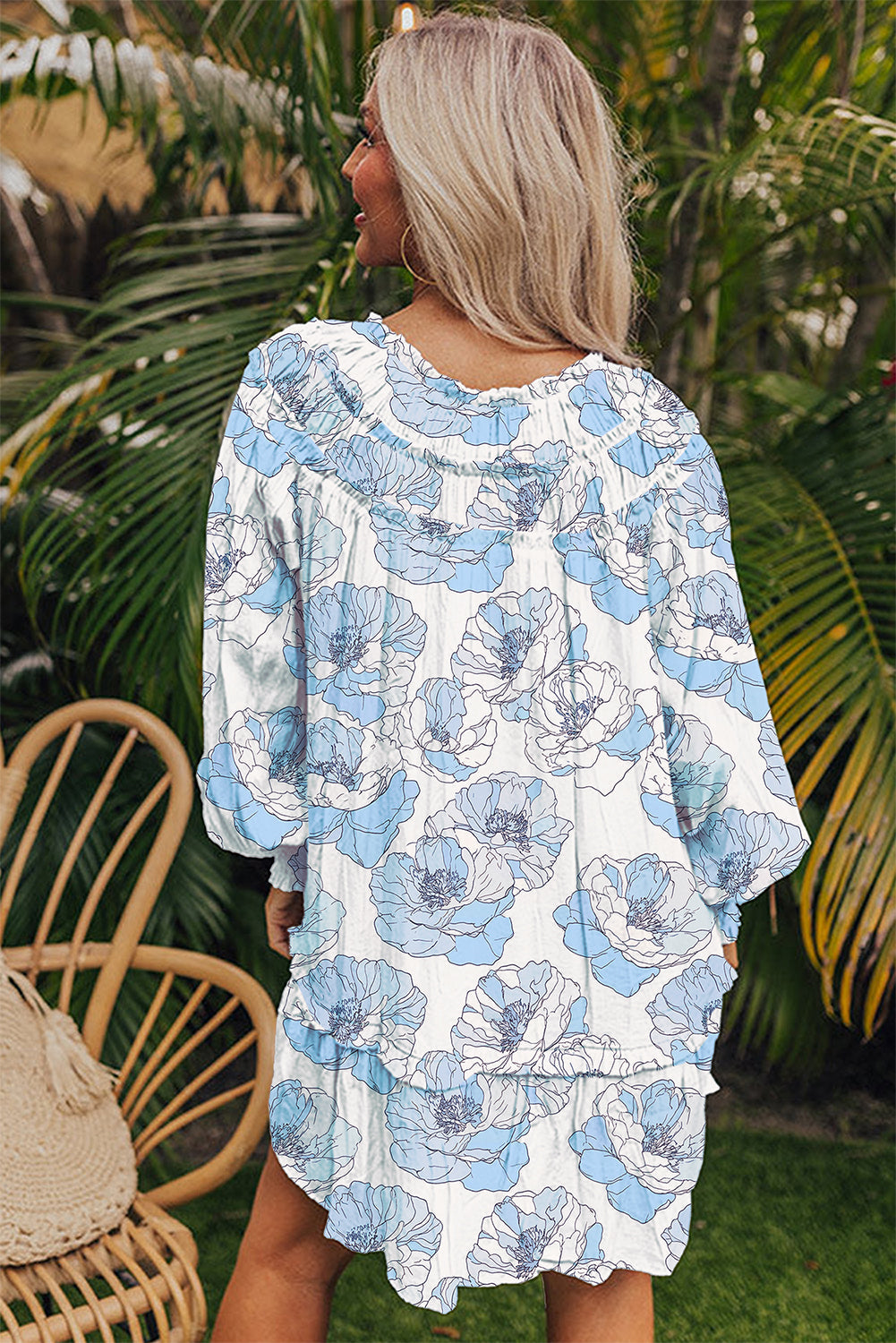 Floral Ruffle Tie Neck Mini Dress