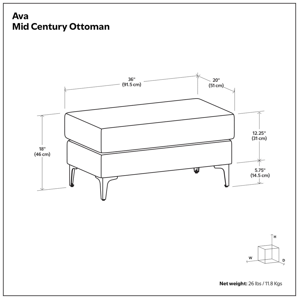 Ava Mid Century Ottoman