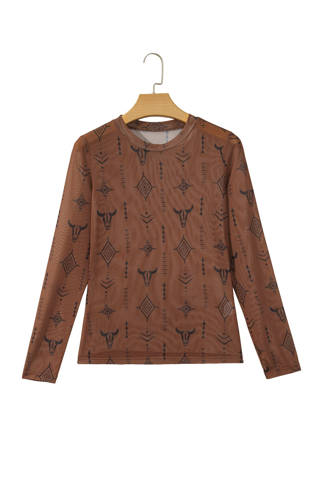 Chestnut Retro Western Print Mesh Long Sleeve Sheath Top