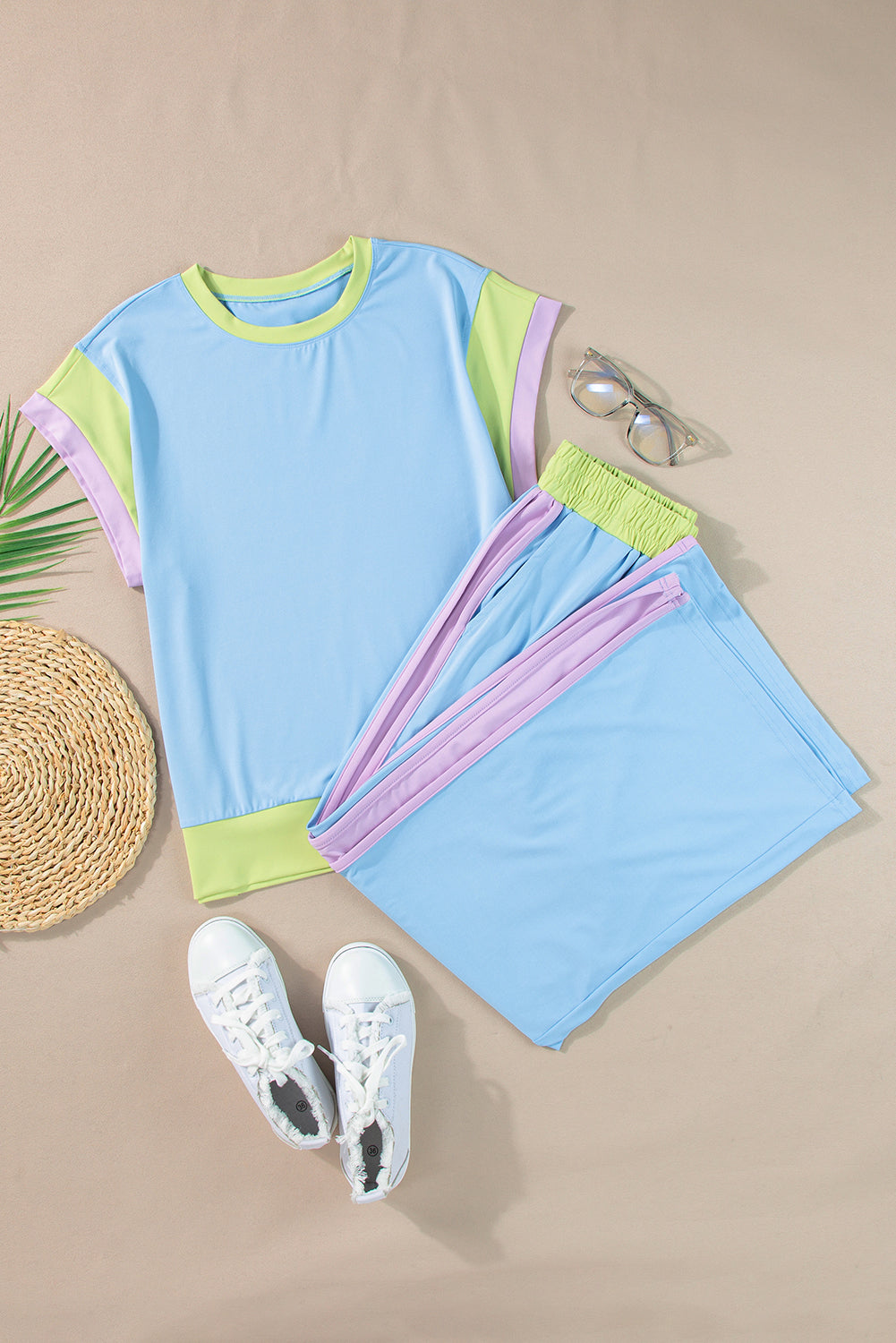 Colorblock Short Sleeve Top & Wide Leg Pants Set