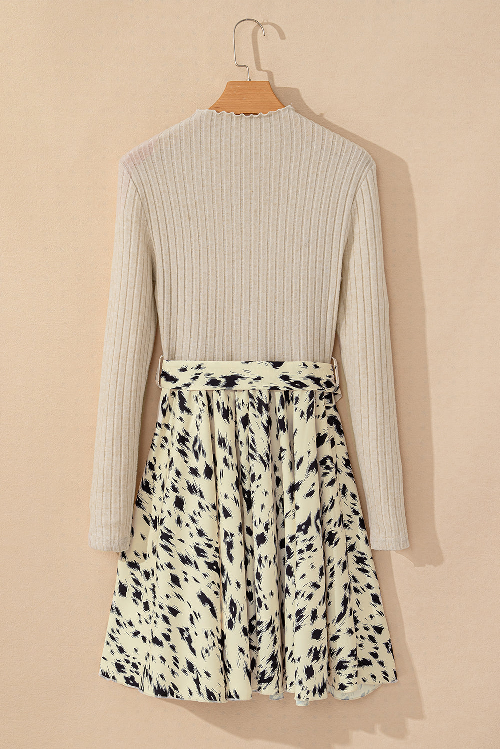 Leopard Patchwork Ribbed Knit Belted Dress