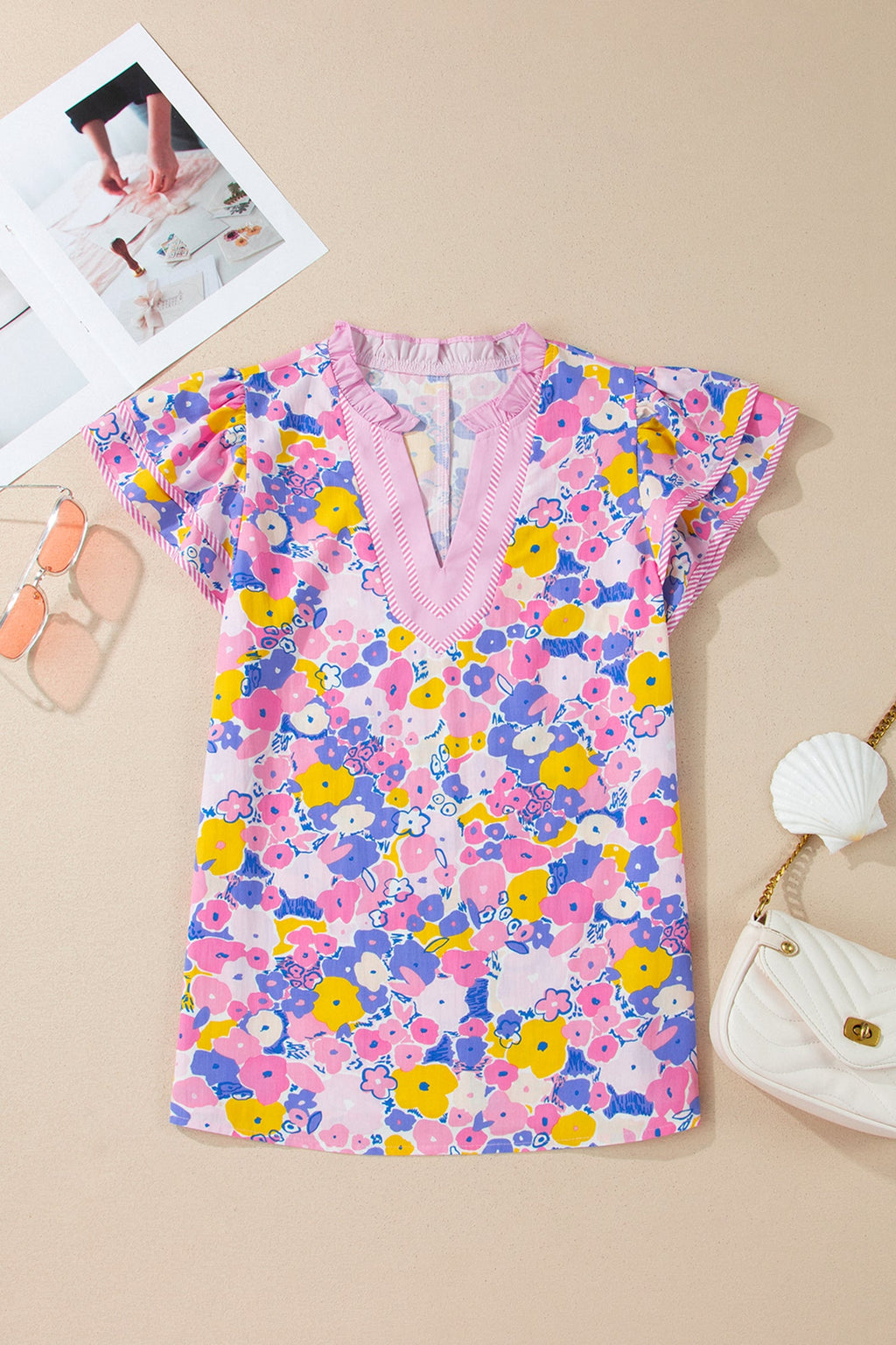 Floral Stripe Colorblock Flutter Sleeve Blouse