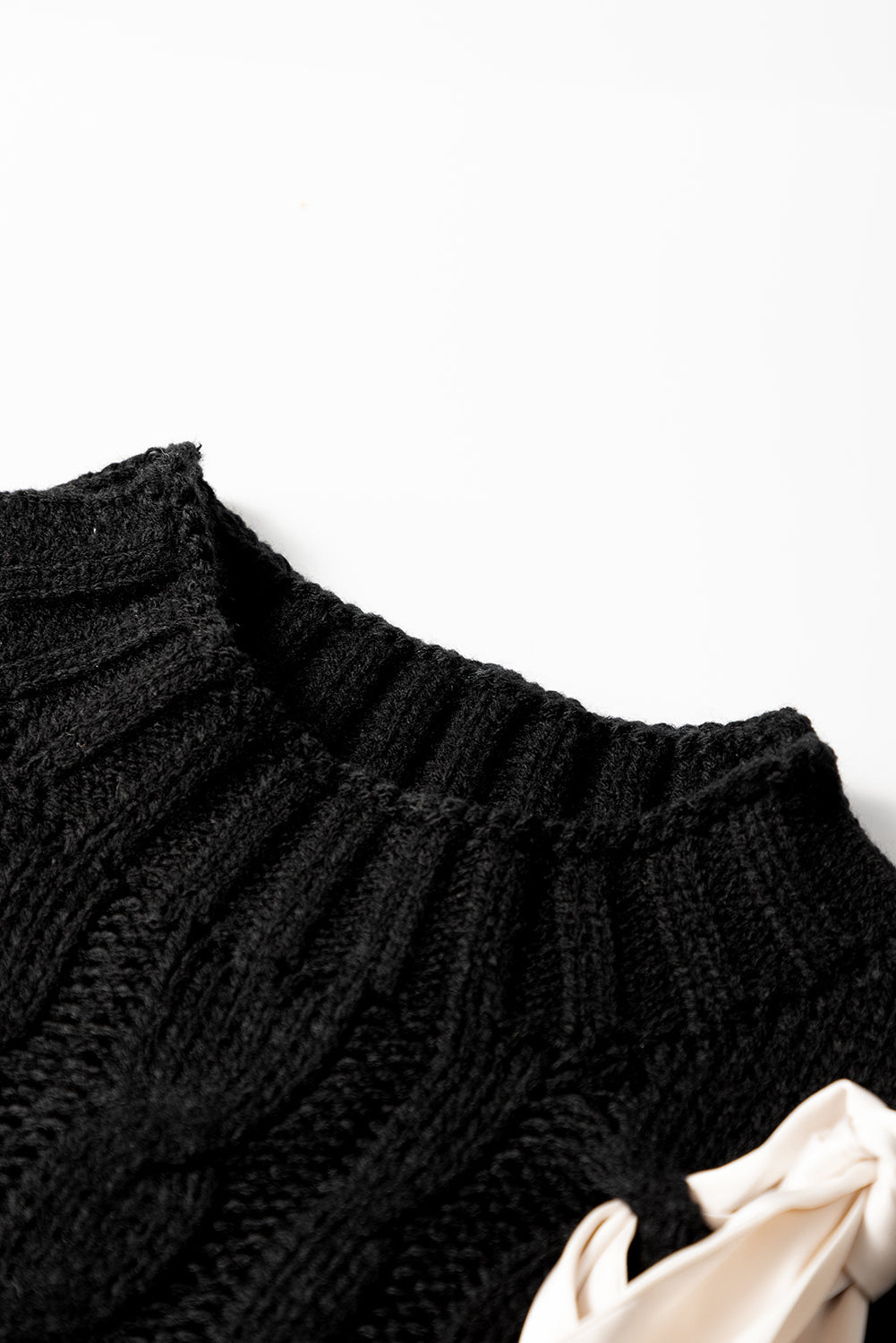 Colorblock Satin Bow Cable Knit Short Sleeve Sweater