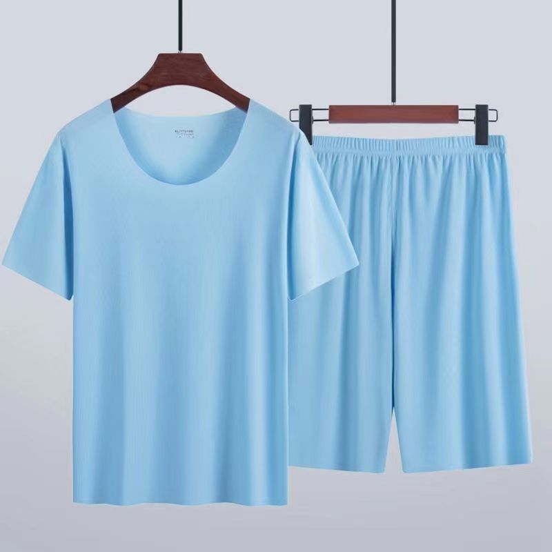 Advanced Ice Silk Round Neck Solid Color Short Sleeve Shorts Suit