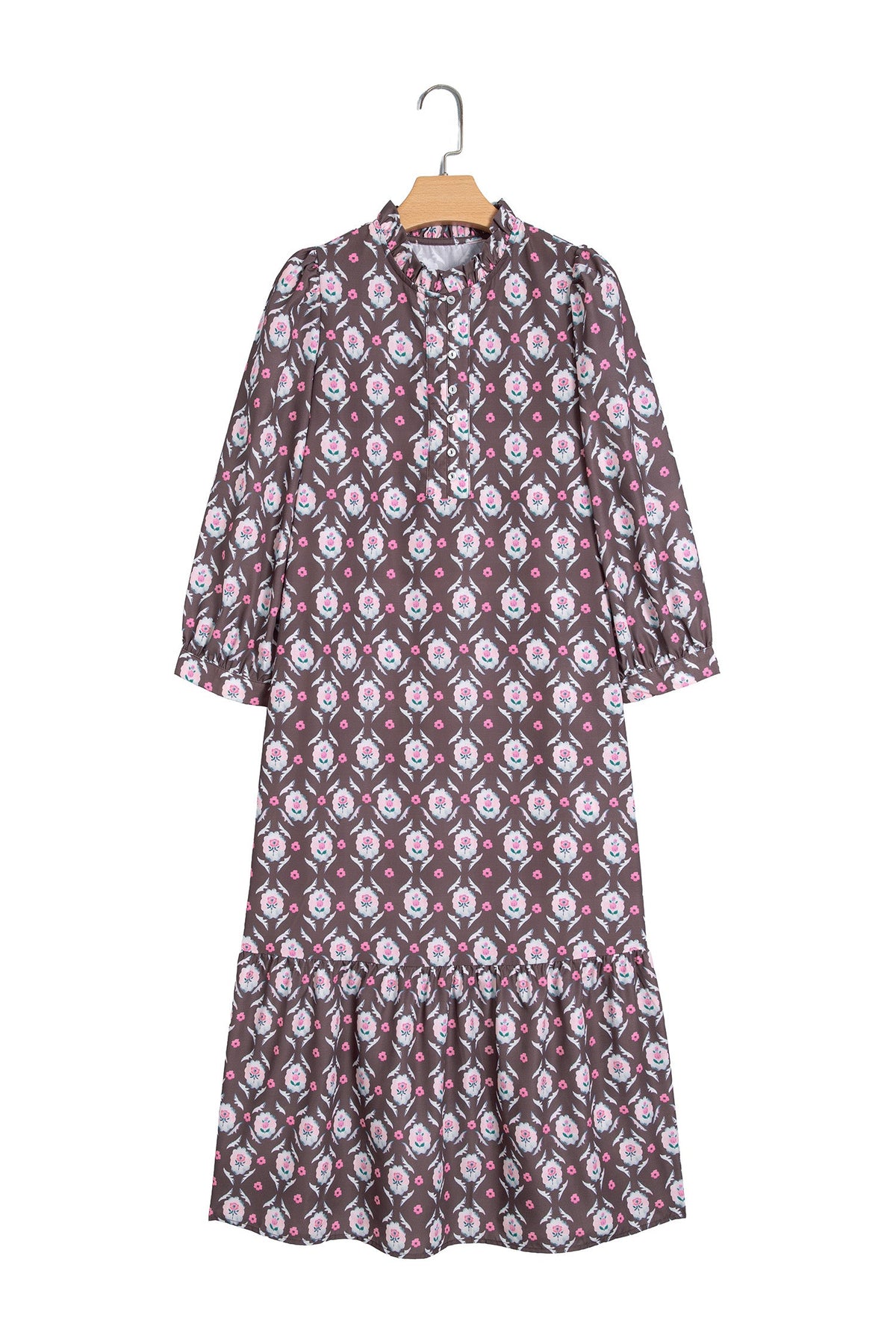 Brown Floral Print Button Front Ruffle Hem Midi Dress