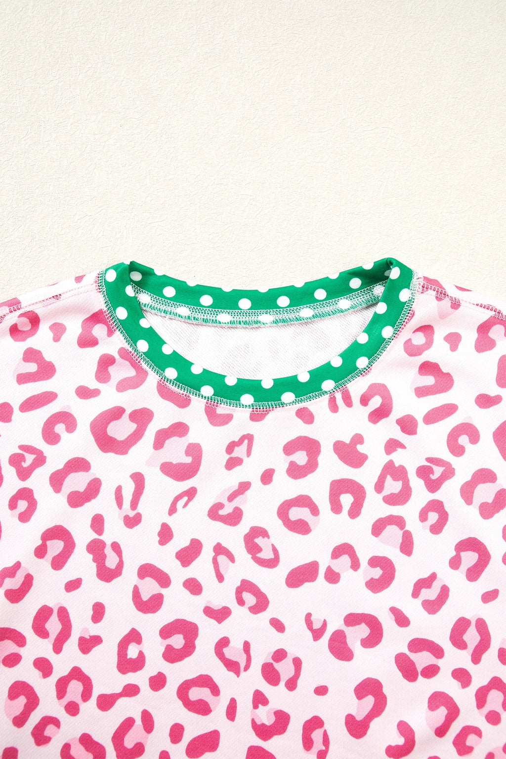Leopard Polka Dot Colorblock Trim Long Sleeve Top