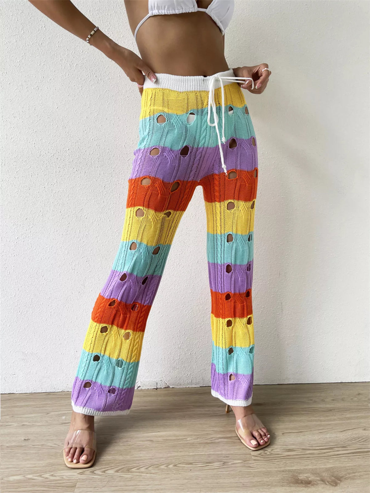 Striped Crochet Hollow-Out Knit Pants
