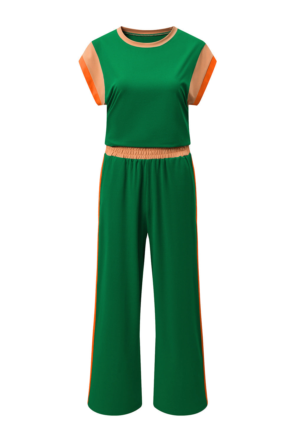 Colorblock Short Sleeve Top & Wide Leg Pants Set
