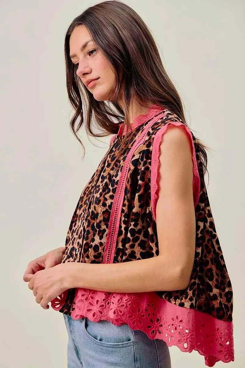 Leopard Button Up Pleated Pink Trim Sleeveless Blouse by So Me