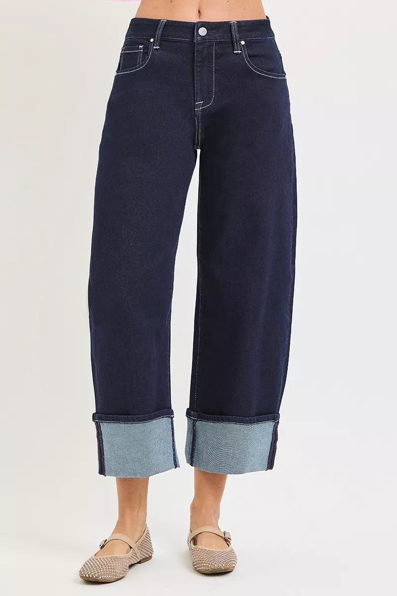 Dark Wash Slouchy Crop Barrel Cuffed Hem Jeans by Risen
