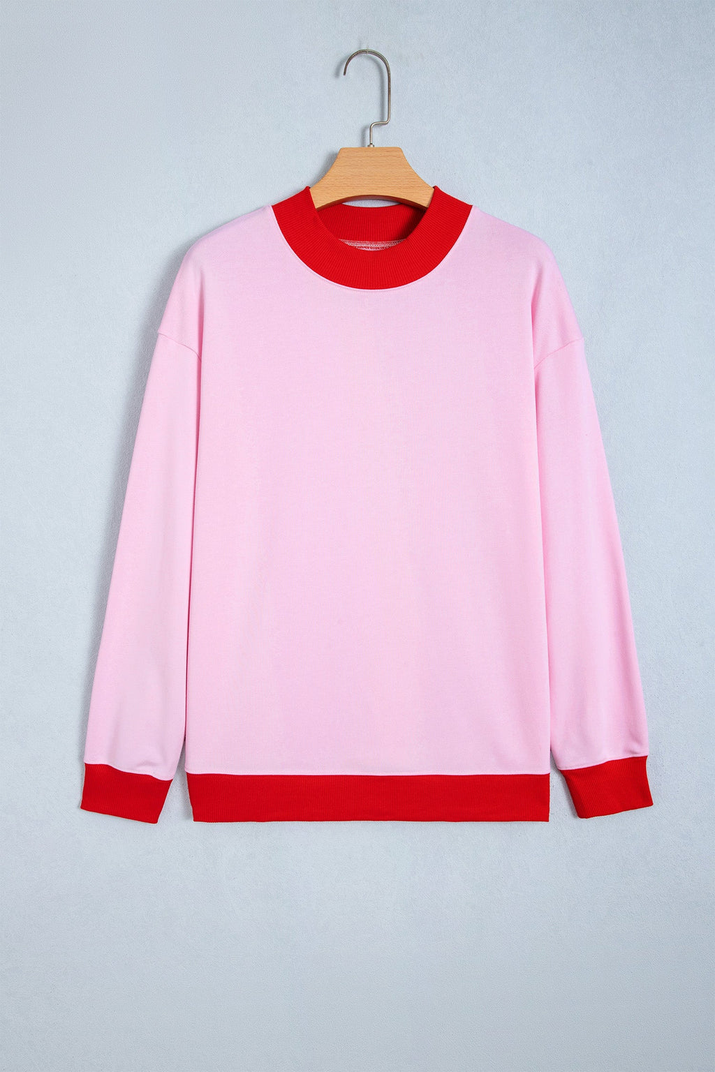 Pink Colorblock Trim Crewneck Long Sleeve Pullover Sweatshirt