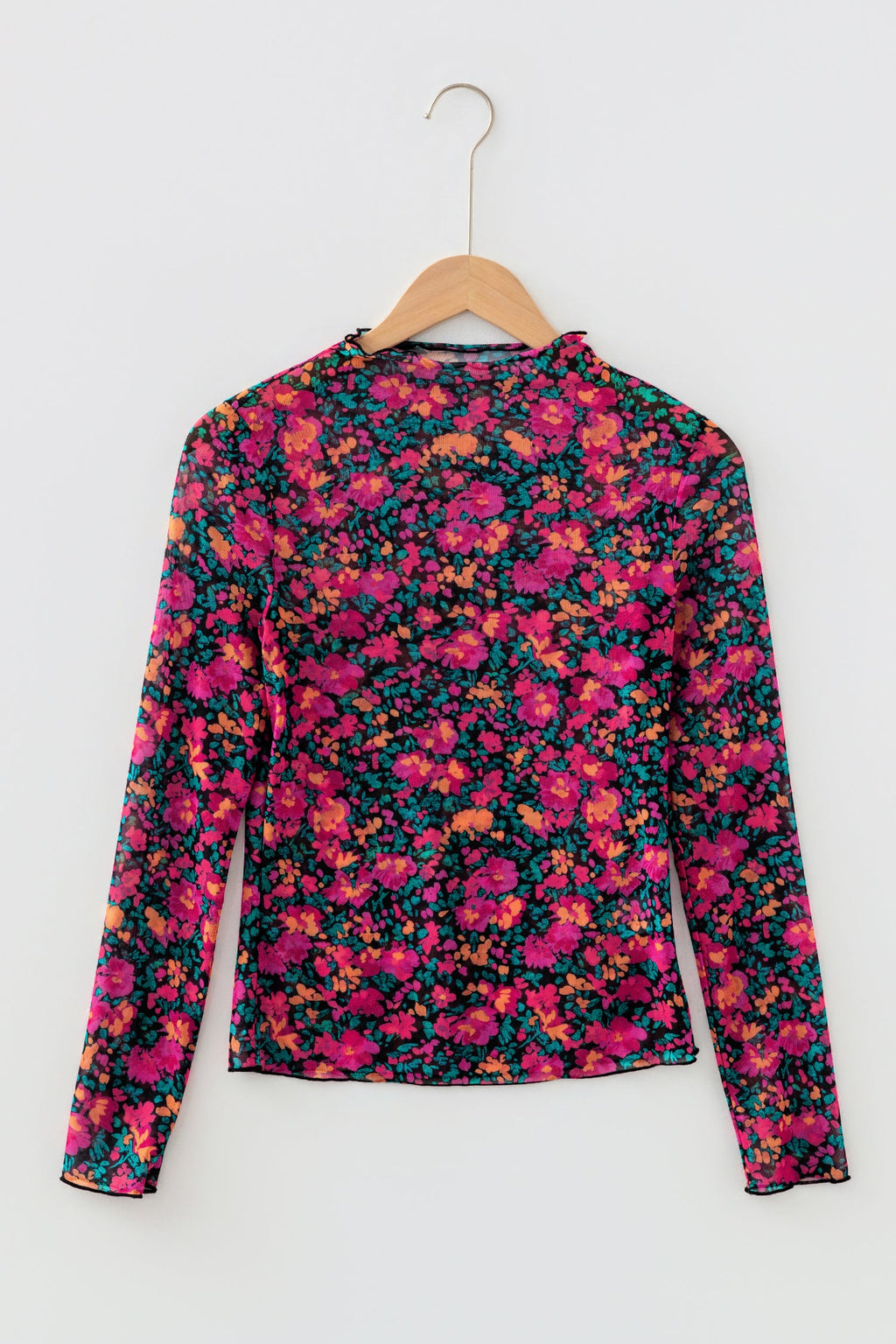 Floral Mesh Long Sleeve Mock Neck Top