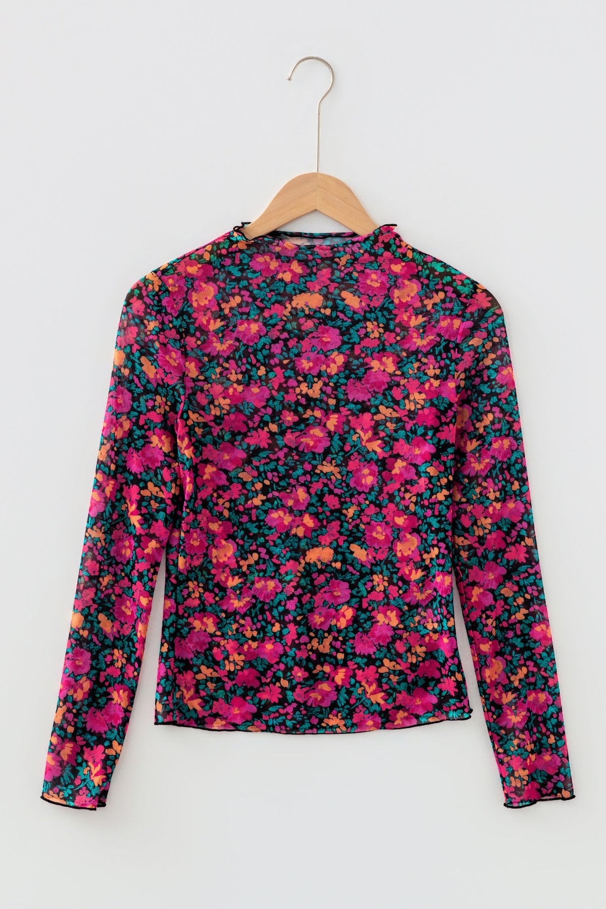 Floral Mesh Long Sleeve Mock Neck Top